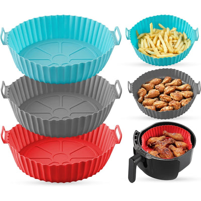 Set of three 8-inch reusable silicone air fryer liners in blue, gray, and red with food examples and air fryer basket.
