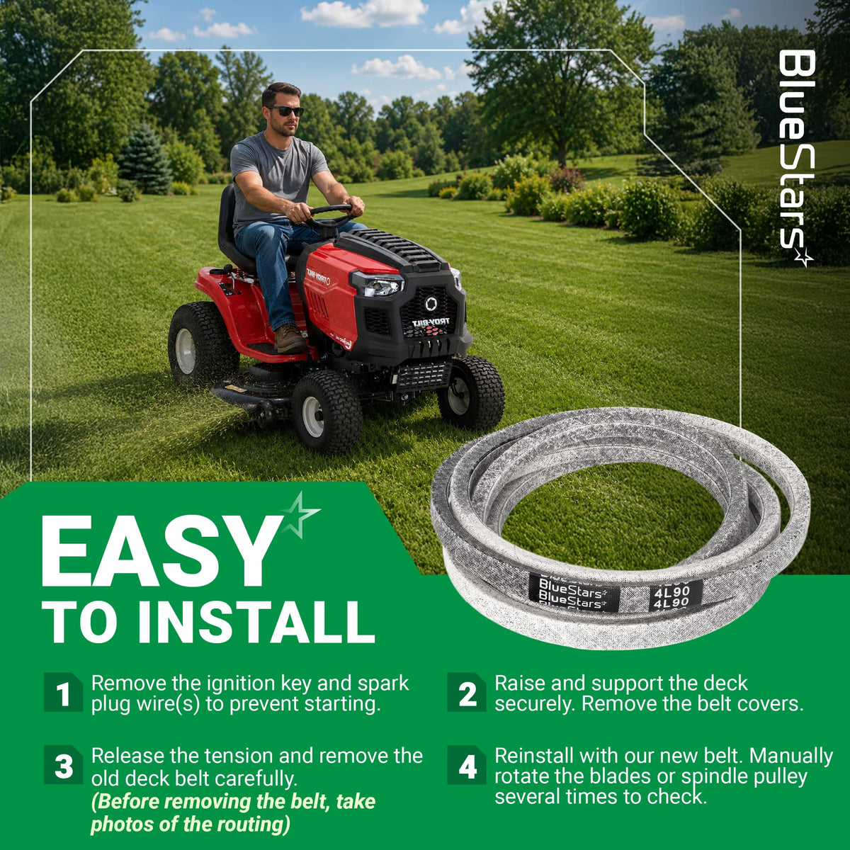 BlueStars 4L90 replacement lawn mower deck belt with easy installation instructions and riding mower illustration.