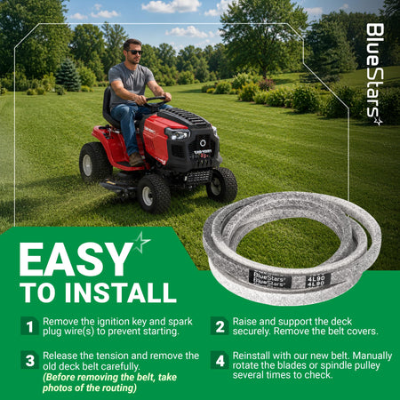 BlueStars 4L90 replacement lawn mower deck belt with easy installation instructions and riding mower illustration.