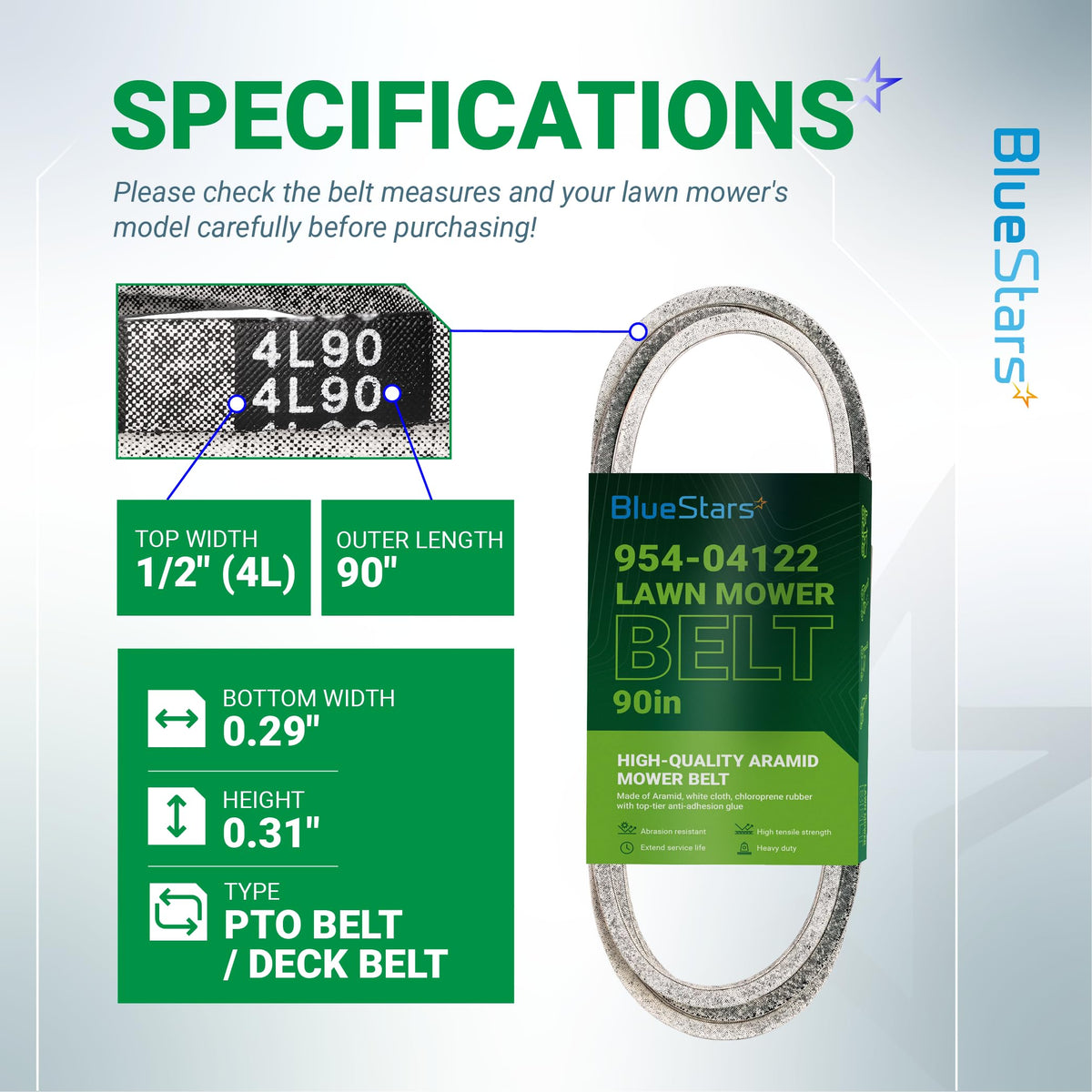 BlueStars 954-04122 lawn mower belt specifications chart showing dimensions, part number, and PTO deck belt details.