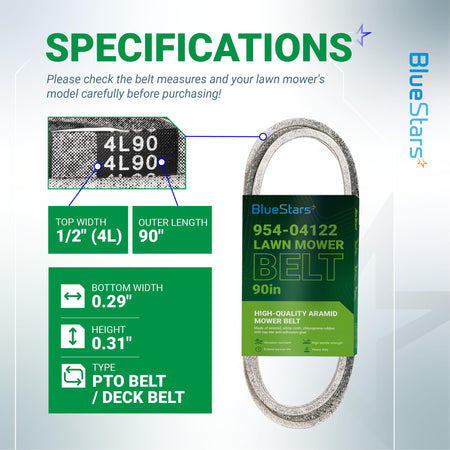 BlueStars 954-04122 lawn mower belt specifications chart showing dimensions, part number, and PTO deck belt details.