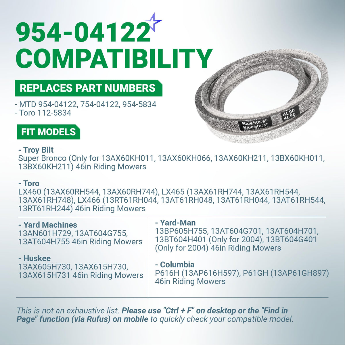 954-04122 replacement mower deck belt compatibility chart for MTD, Toro, and Troy-Bilt 46-inch riding mowers.