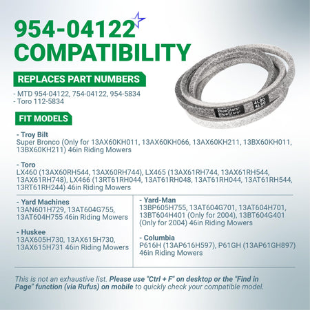 954-04122 replacement mower deck belt compatibility chart for MTD, Toro, and Troy-Bilt 46-inch riding mowers.