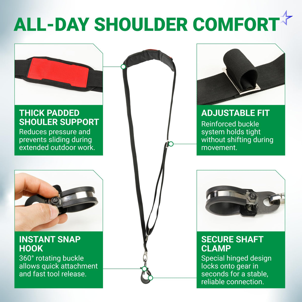 Infographic showing 49-16-2722 shoulder strap features including padded support, adjustable buckle, and shaft clamp.