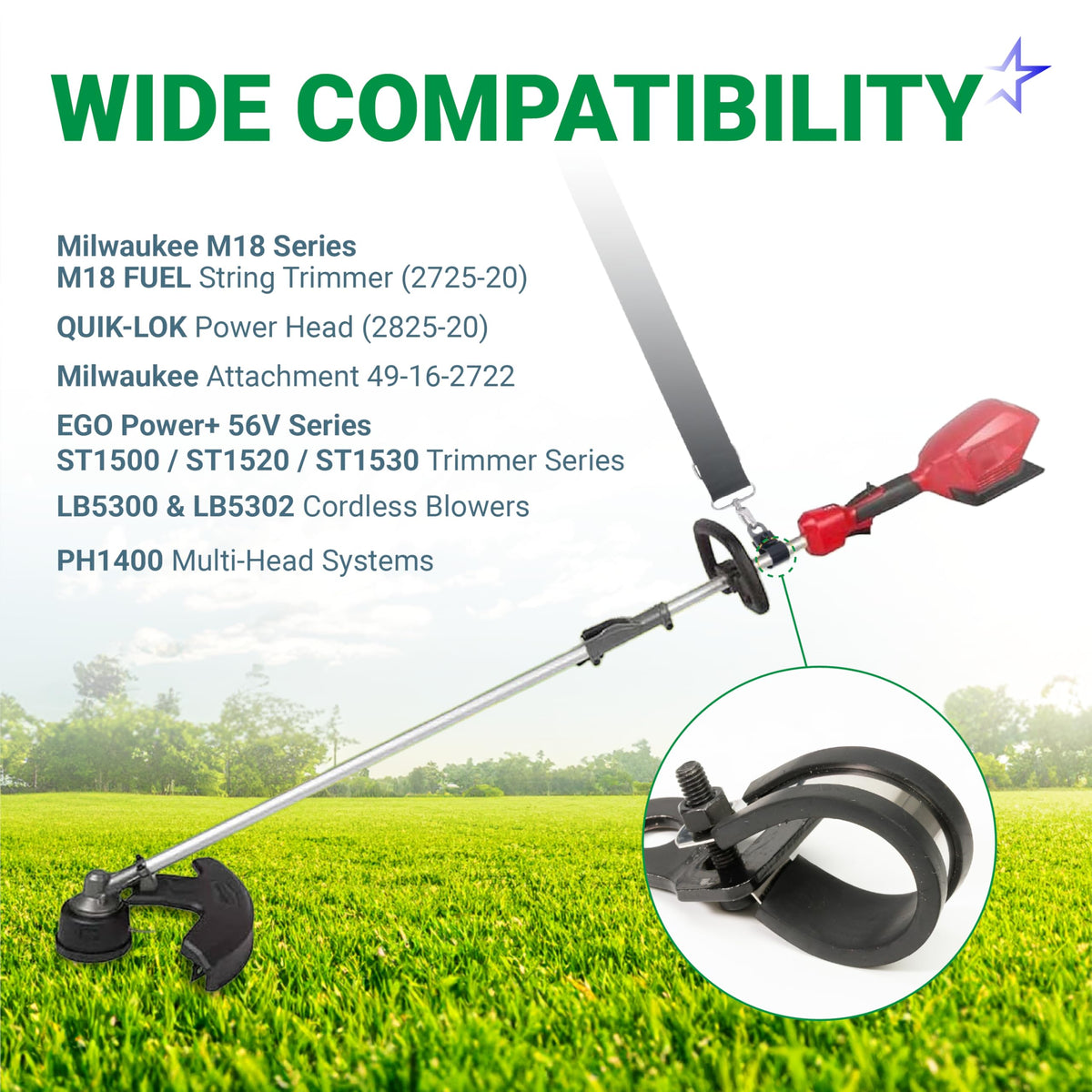49-16-2722 shoulder strap mounting bracket close-up for Milwaukee M18 and EGO Power+ string trimmers.