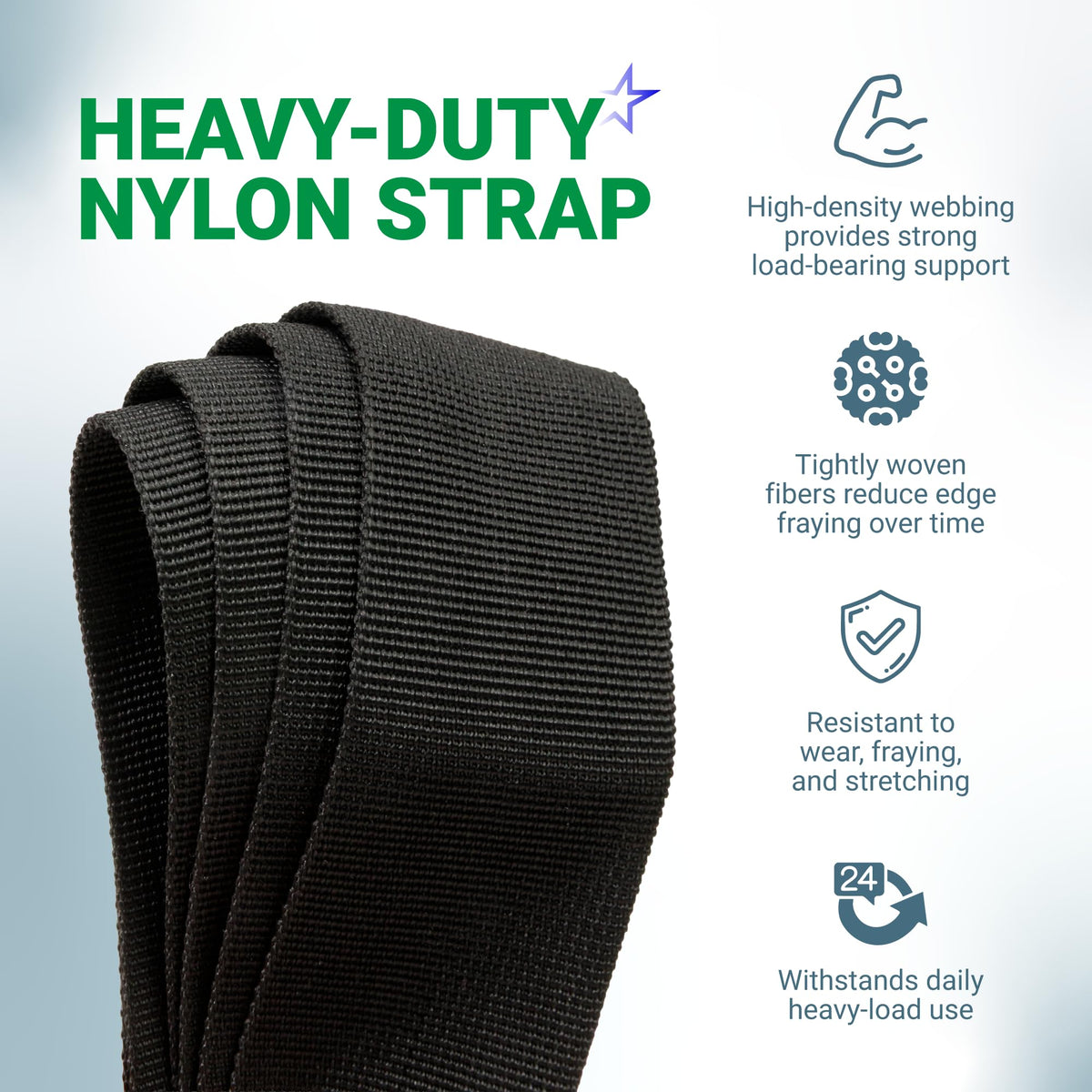 Close-up of heavy-duty black nylon webbing for 49-16-2722 shoulder strap with durability feature highlights.
