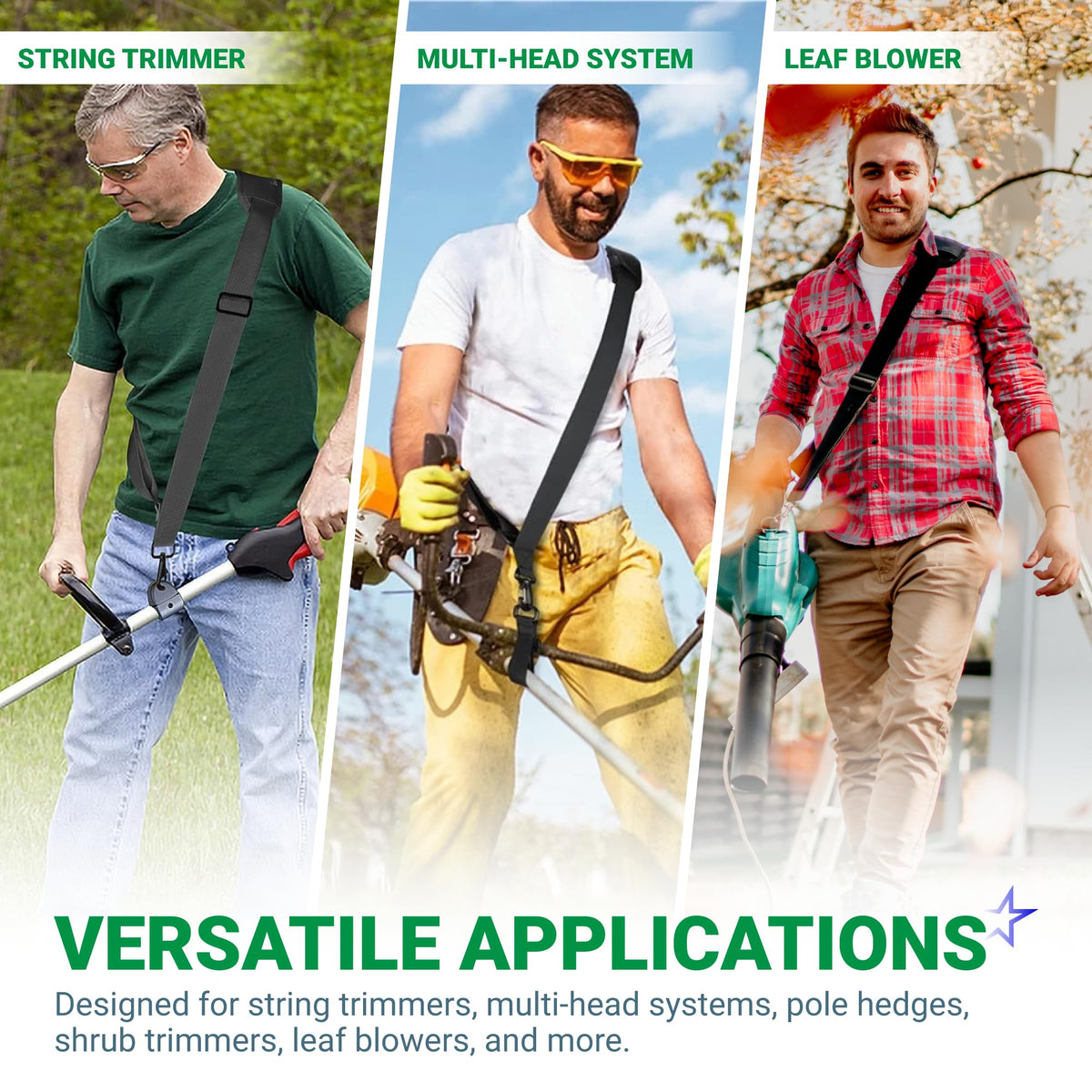 Three men using the 49-16-2722 shoulder strap with a string trimmer, multi-head system, and leaf blower.