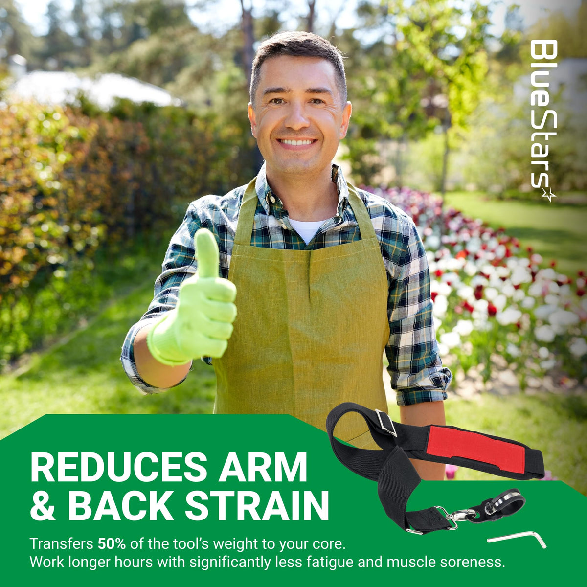 Adjustable shoulder strap for string trimmers and blowers to reduce arm and back strain.