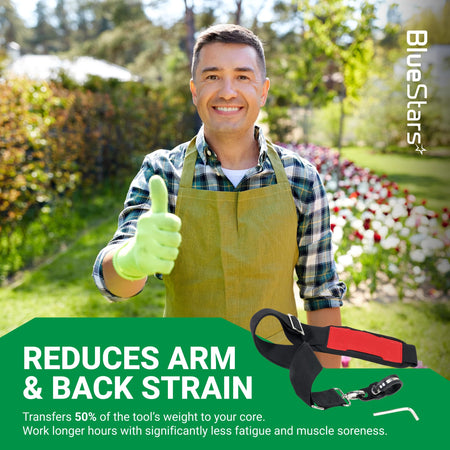 Adjustable shoulder strap for string trimmers and blowers to reduce arm and back strain.