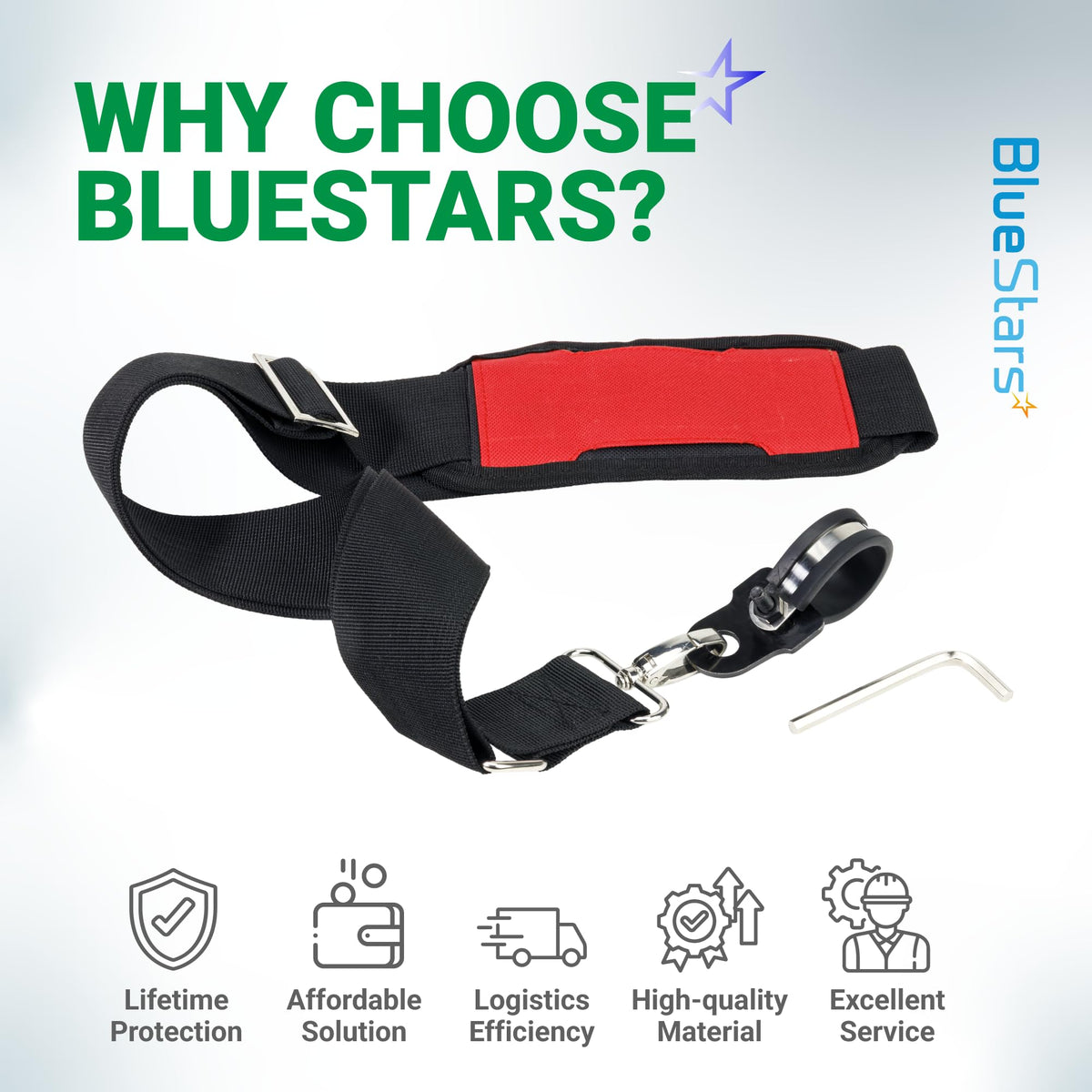 Replacement shoulder strap with padded red shoulder rest, mounting bracket, and hex key for string trimmers.