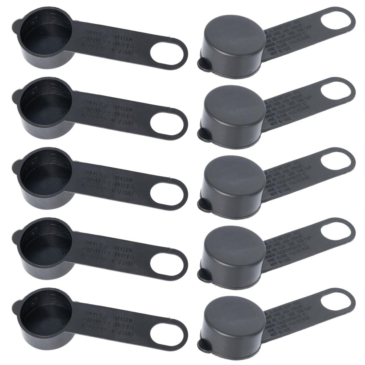 Set of 10 black QCC1 propane tank dust caps with retaining straps for LPG filler valves.