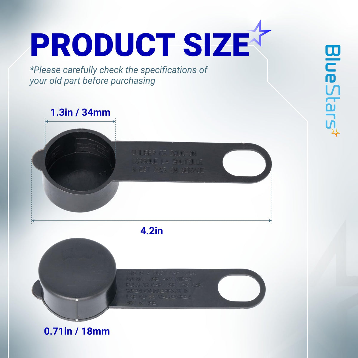 Black plastic dust cap for gas cylinder valve with 1.3-inch diameter and 0.71-inch height dimensions.