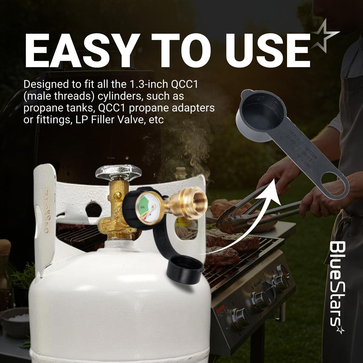 Propane tank gauge adapter with protective cap installed on a QCC1 cylinder valve.