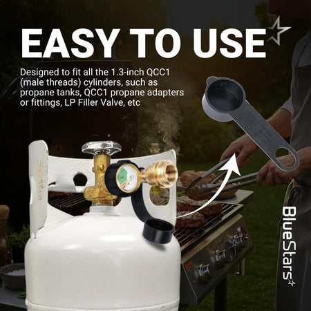 Propane tank gauge adapter with protective cap installed on a QCC1 cylinder valve.