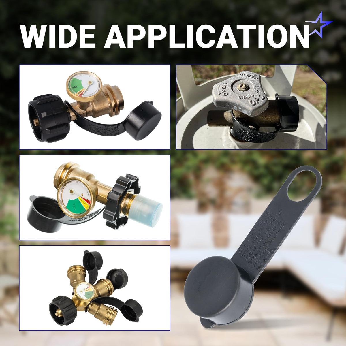 Propane tank gauge adapter showing various installation angles and a close-up of the protective dust cap.