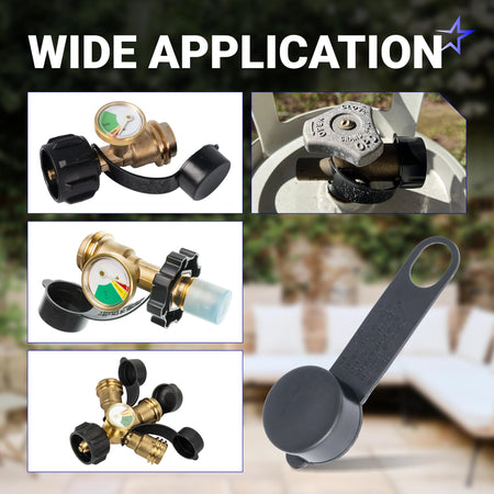 Propane tank gauge adapter showing various installation angles and a close-up of the protective dust cap.