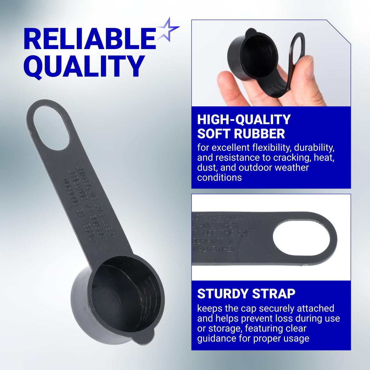 Durable black rubber dust cap with tethered strap for valve protection and secure attachment.