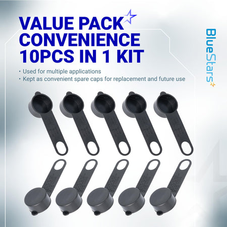 Set of 10 black plastic dust caps for appliance valves and maintenance replacements.