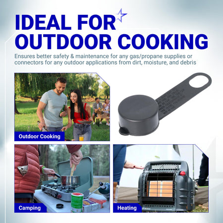 Black plastic propane tank dust cap for outdoor cooking and heating equipment protection.
