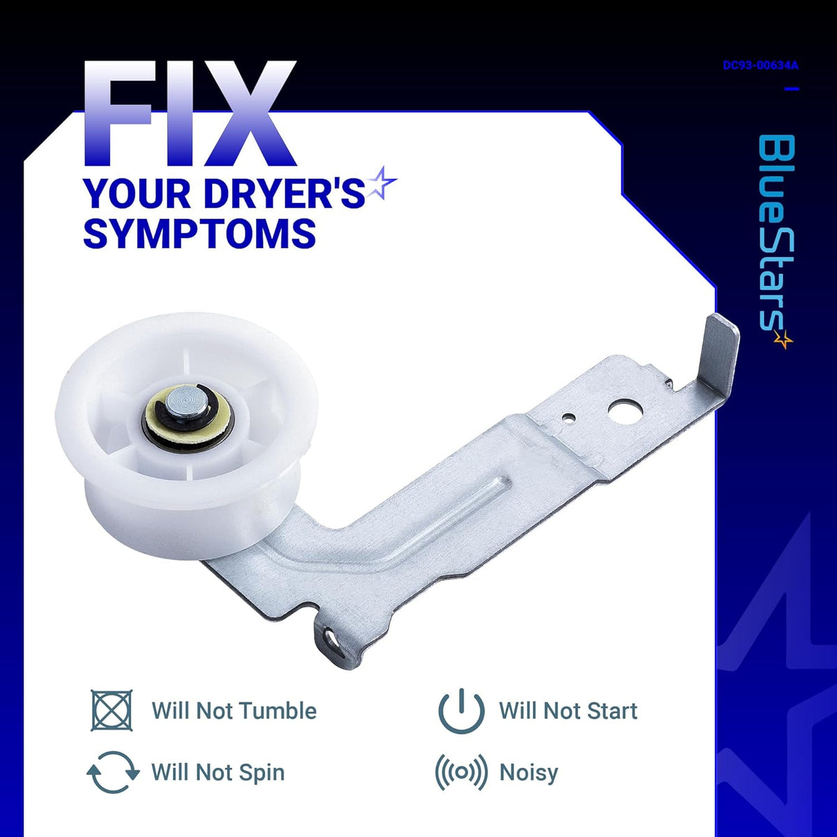 Samsung dryer idler pulley assembly with white wheel and metal bracket for fixing dryer noise and tumbling issues.