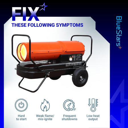 Portable forced air heater showing symptoms fixed by SP-KFA1009 spark plug replacement.