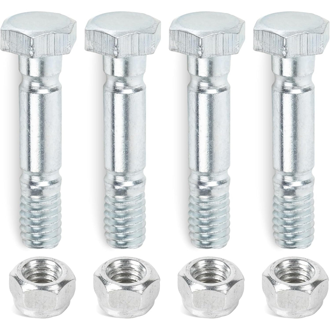 Four silver snow blower shear pins and matching hex nuts arranged in a row.
