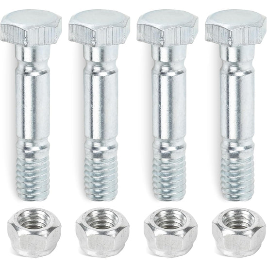 Four silver snow blower shear pins and matching hex nuts arranged in a row.