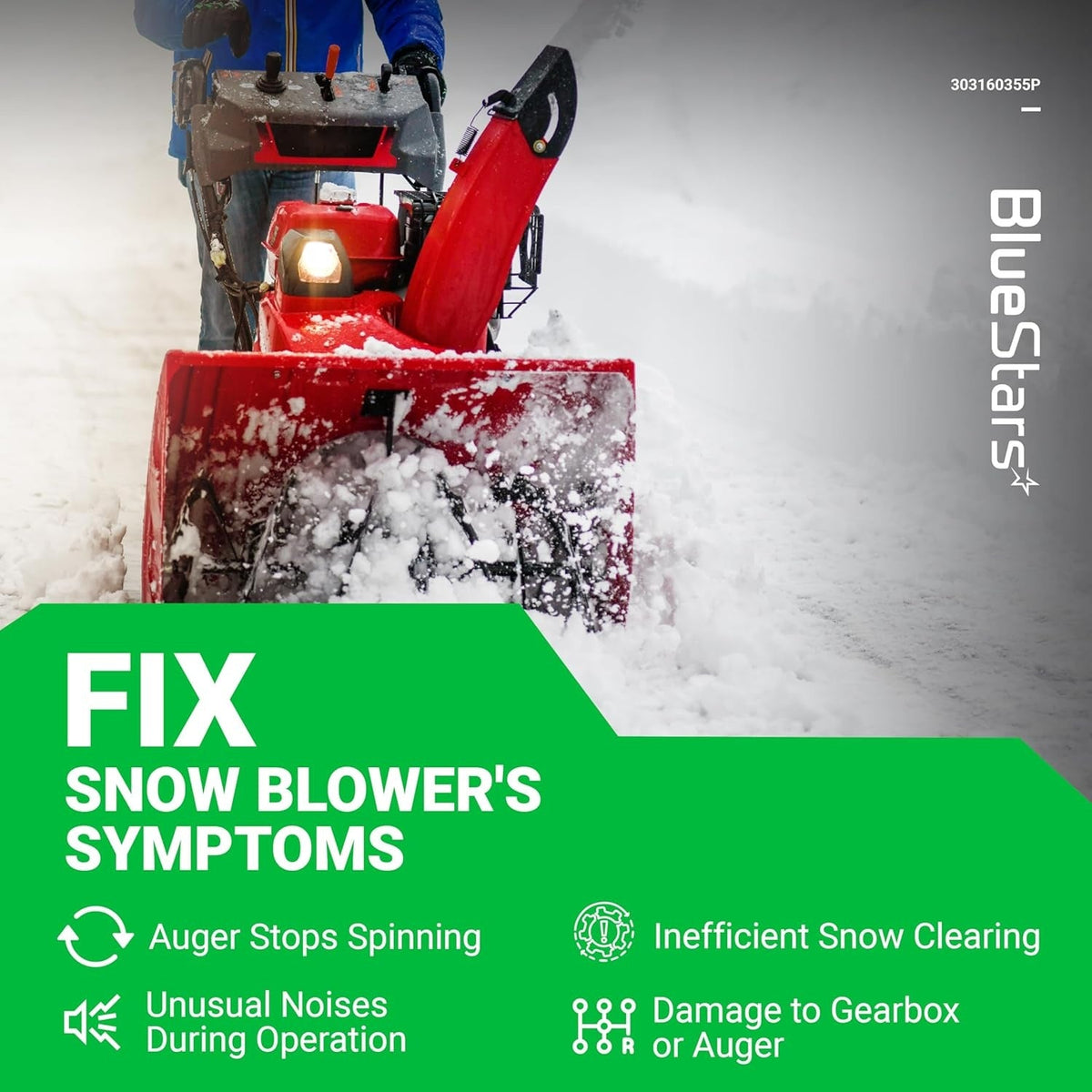 Red snow blower in operation with text overlay highlighting symptoms fixed by 303160355P shear pins and nuts.