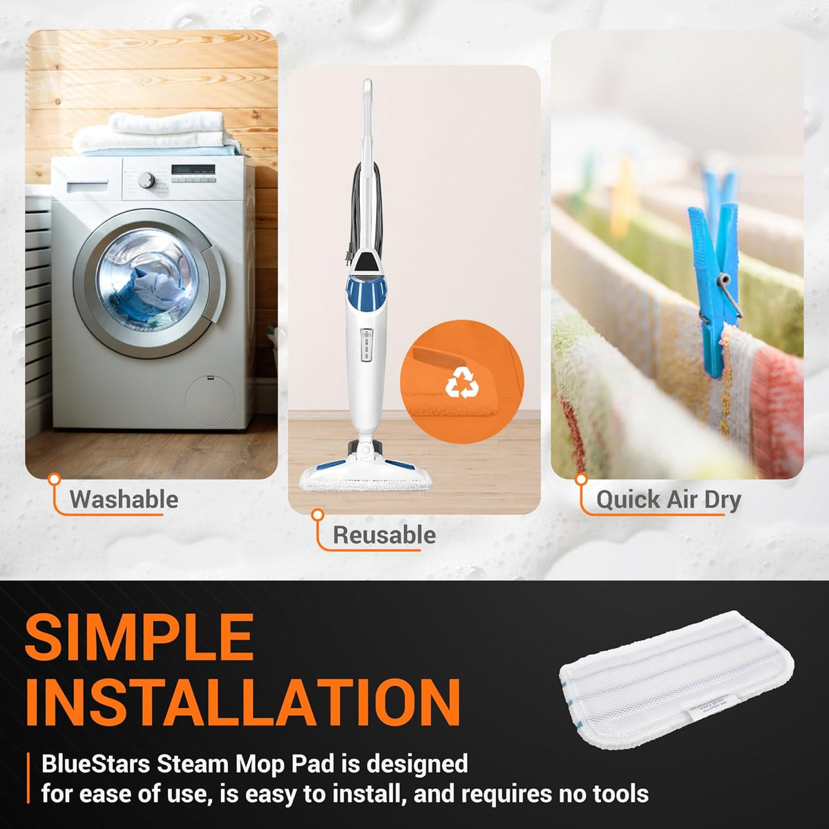 Infographic showing washable, reusable, and easy-to-install replacement steam mop pads for Black and Decker mops.