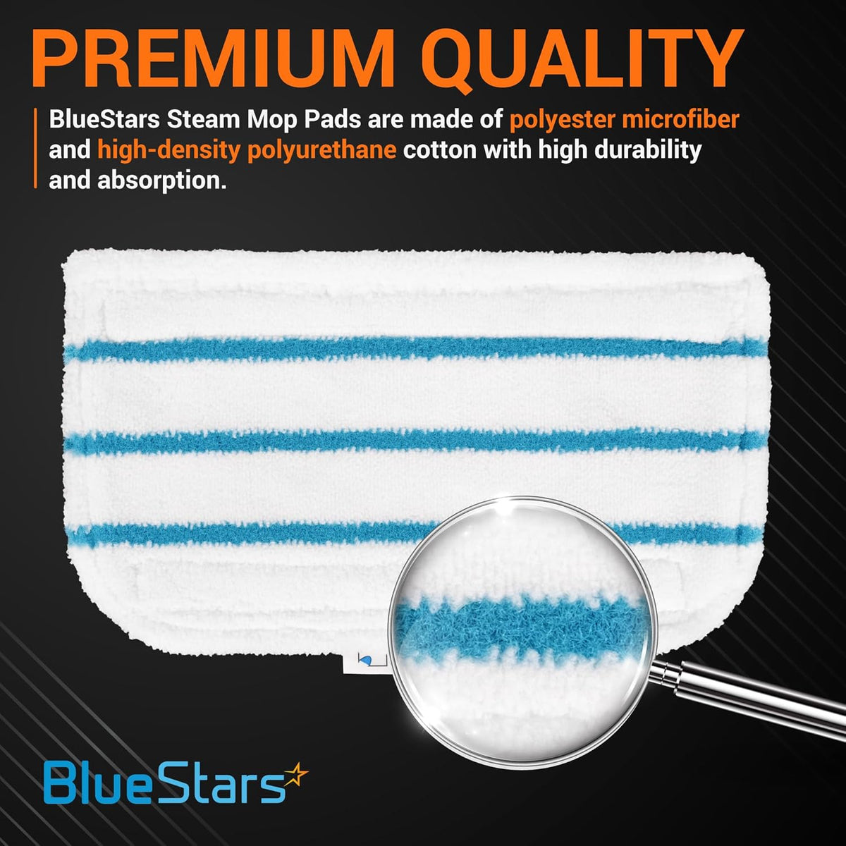 Close-up view of a white and blue striped microfiber replacement steam mop pad for Black and Decker steam mops.