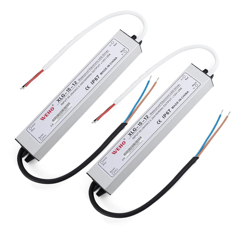 15W 12V LED Power Supply Driver 1.25A, 120V AC to 12V DC, IP67 Waterproof - Pack of 2