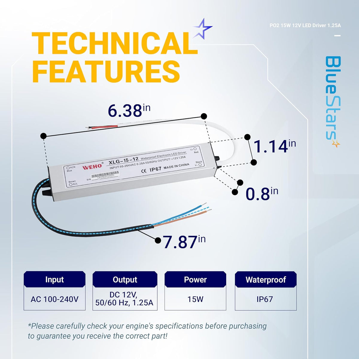 Technical diagram showing dimensions and specifications for a 15W 12V IP67 waterproof LED power supply driver.