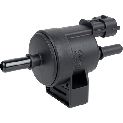 Black emission vapor canister purge valve solenoid with two ports and electrical connector.