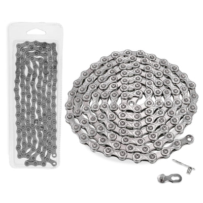 11-speed bike chain in packaging with coiled chain and quick link connector.