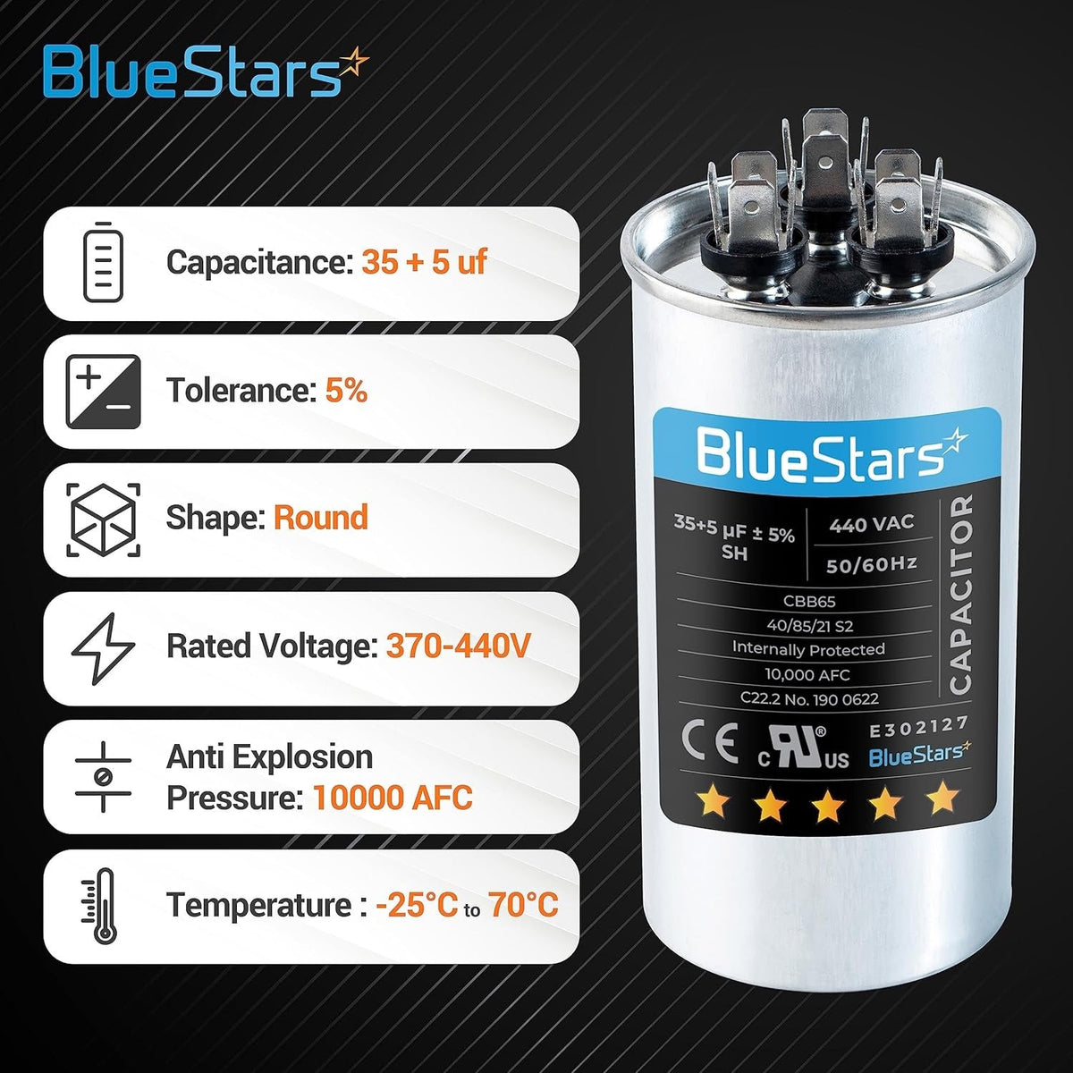 BlueStars 35+5 uF 370/440 VAC round dual run capacitor with technical specification infographic.