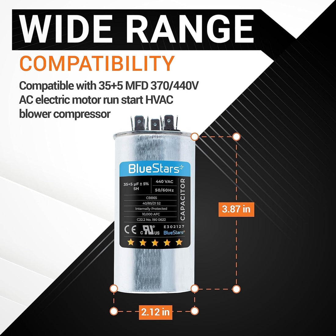 35+5 MFD 370/440 VAC dual run capacitor showing dimensions of 3.87 inches height and 2.12 inches diameter.