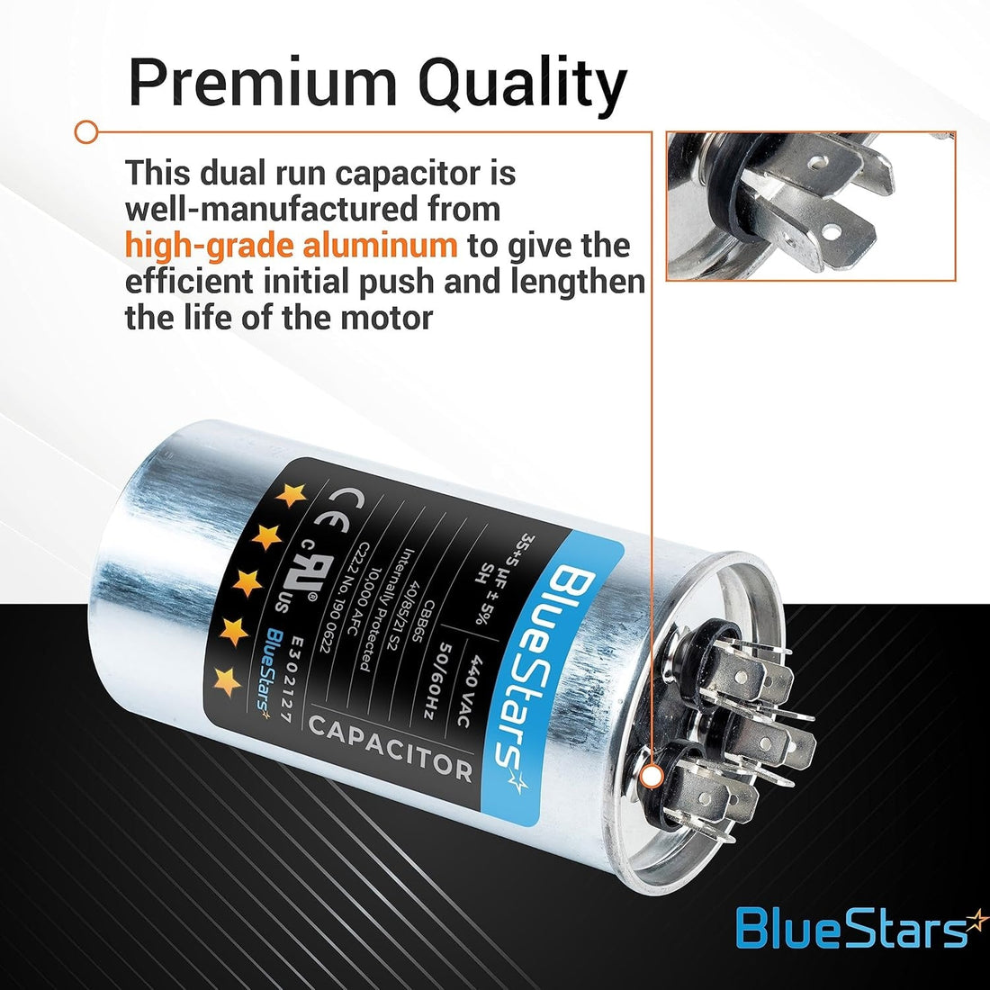 35+5 uF 370/440 VAC dual run round capacitor with terminal close-up and product specifications label.
