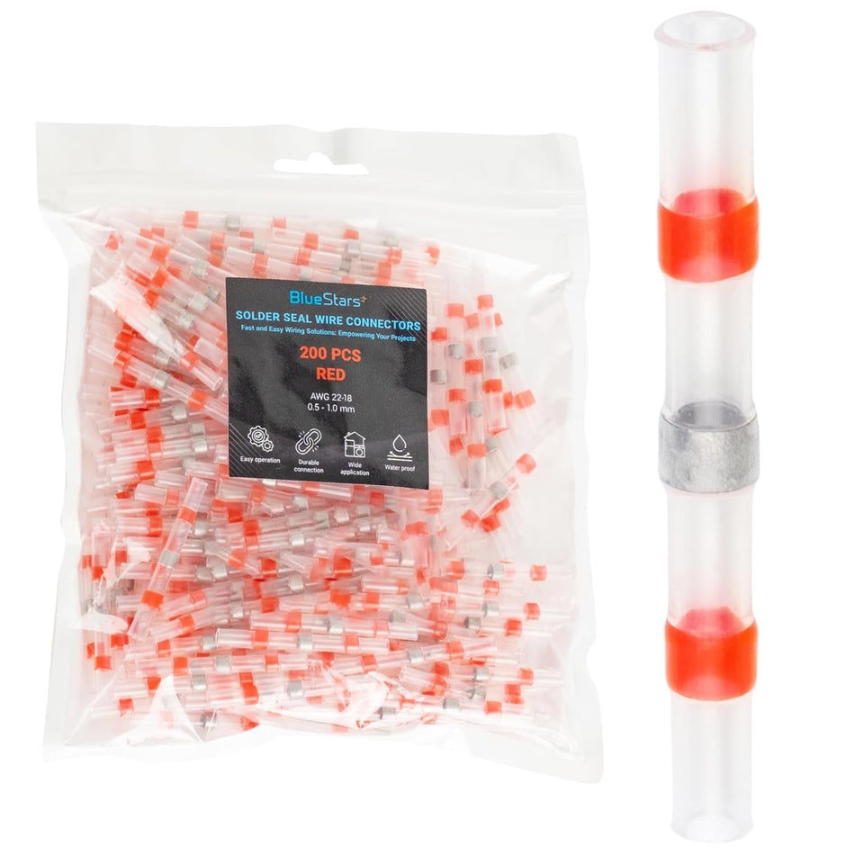 200 PCS RED Solder Seal Wire Connectors for 22-18 AWG