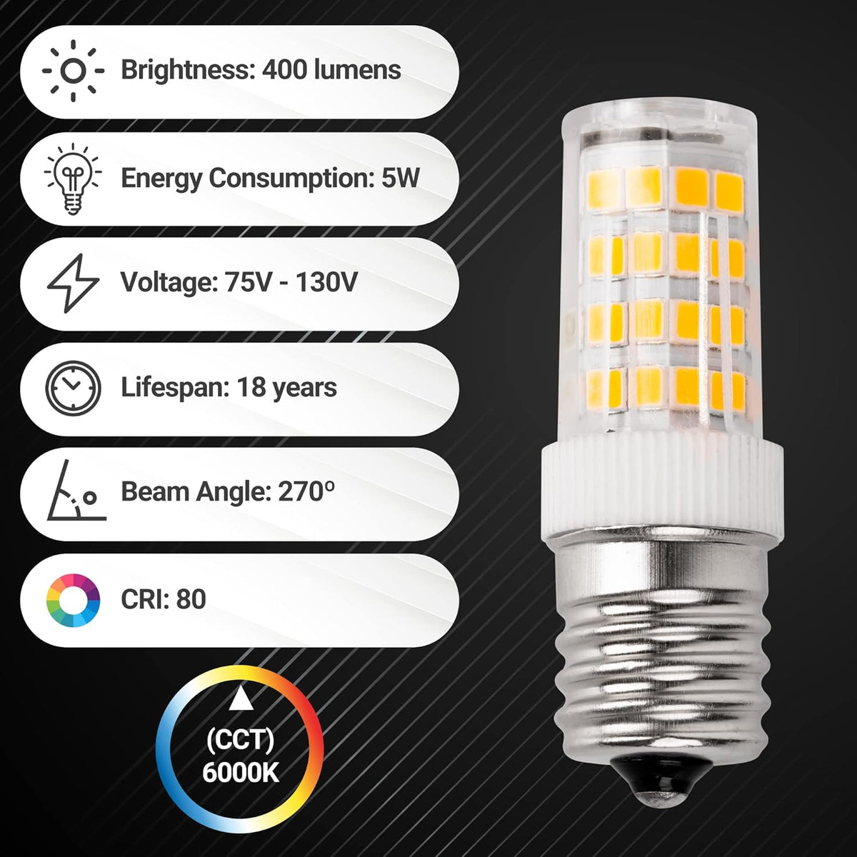 Single 8206232A 5W dimmable LED bulb with 6000K daylight color temperature and technical specification infographic.