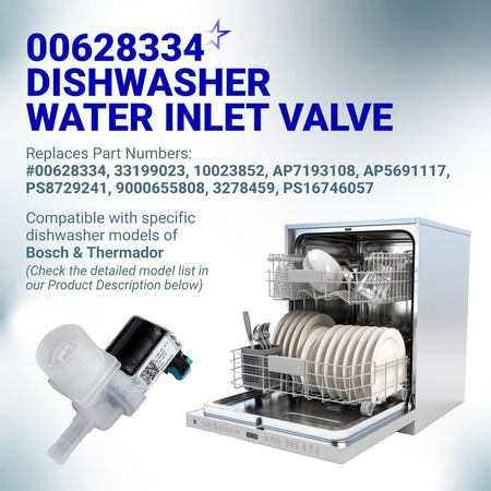Dishwasher water inlet valve 00628334 for Bosch and Thermador dishwashers with replacement part numbers listed.