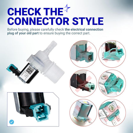 Comparison chart showing dishwasher water inlet valve electrical connector styles for Bosch and Thermador compatibility.