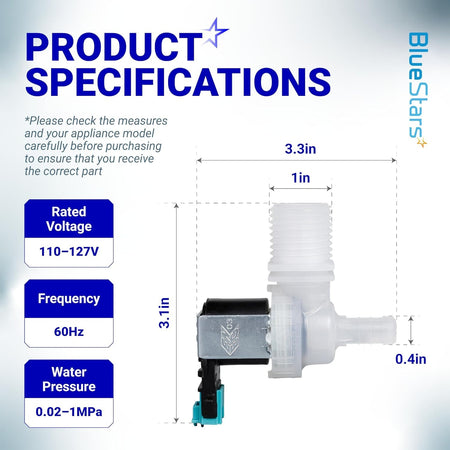 Dimensional diagram of dishwasher water inlet valve showing technical specifications and measurements.