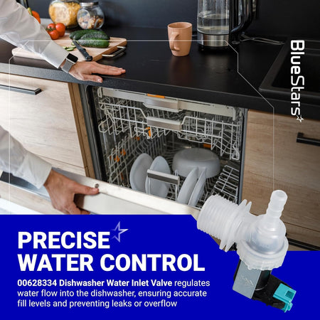 00628334 dishwasher water inlet valve for Bosch, Thermador, and Gaggenau, shown with promotional text and kitchen background.