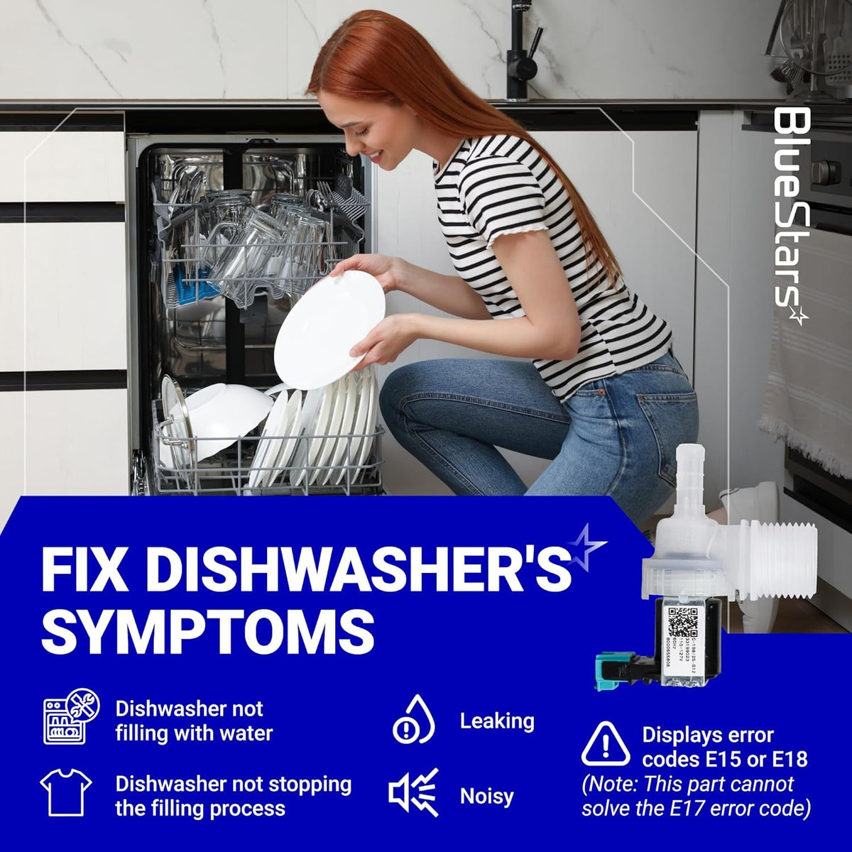 Dishwasher water inlet valve replacement part for Bosch, Thermador, and Gaggenau dishwashers shown in lifestyle graphic.