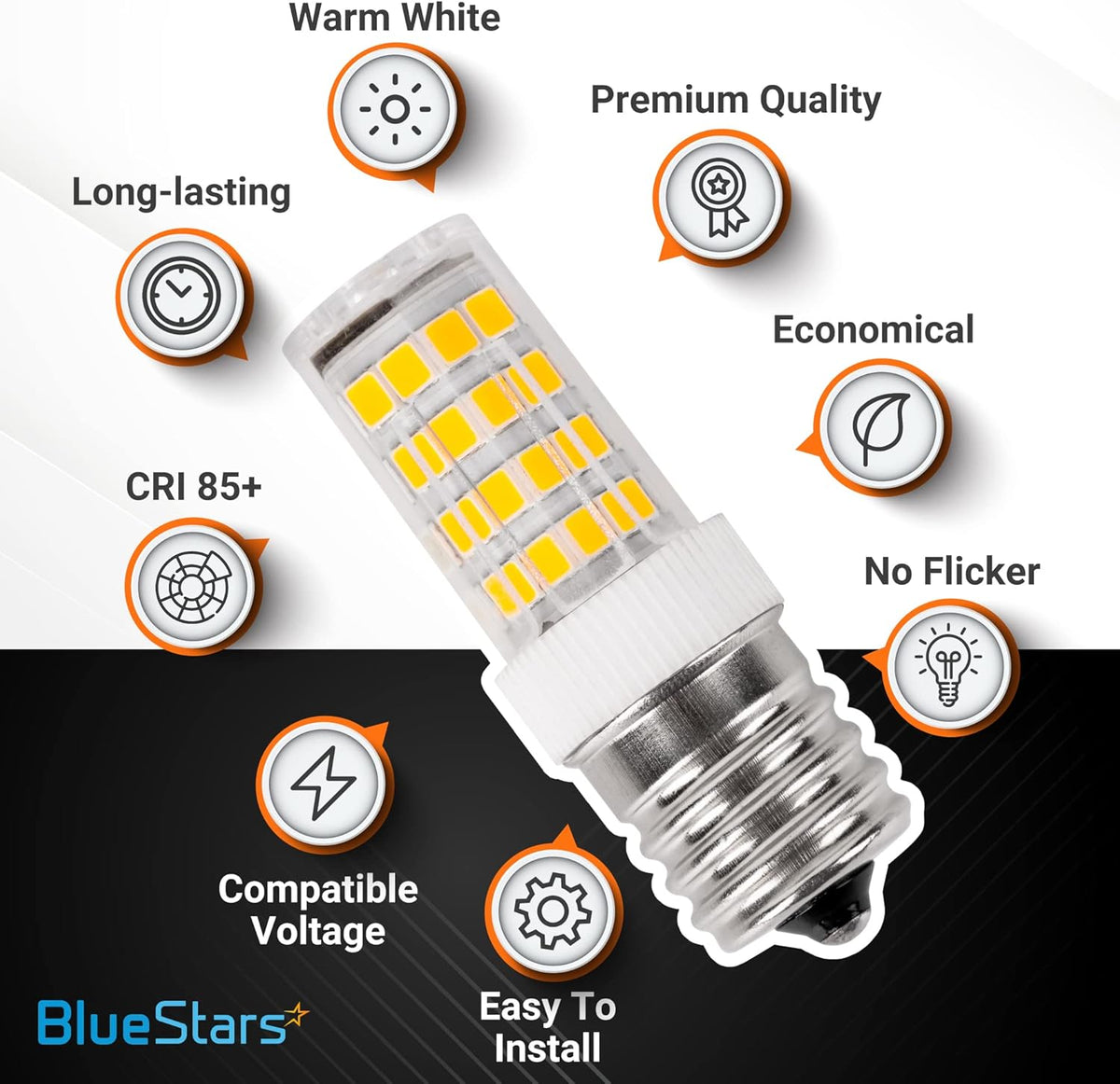 5W E17 base LED microwave light bulb with feature icons highlighting warm white, long-lasting, and flicker-free benefits.