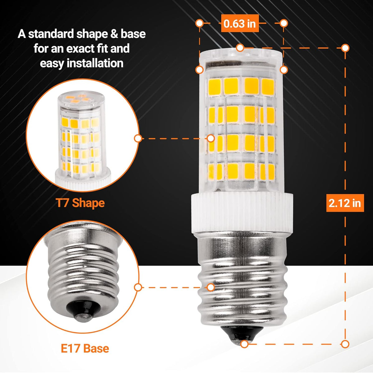 Dimensional diagram of 5W E17 base LED microwave light bulb showing T7 shape and 2.12-inch height.