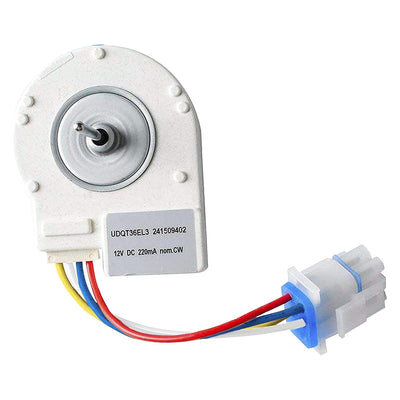 241509402 refrigerator evaporator fan motor with wiring harness and connector plug.