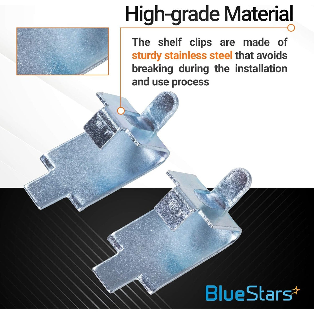 Two stainless steel 920158 freezer shelf support clips shown with a high-grade material informational graphic.