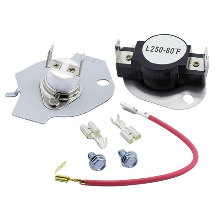 Dryer thermal cut-off kit with two thermostats, red wire harness, and mounting screws for Whirlpool and Kenmore dryers.