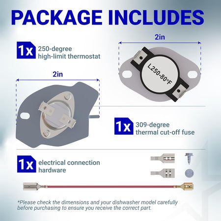 279816 Dryer Thermal Cut-off Kit package contents with thermostat, thermal fuse, electrical hardware, and 2-inch dimensions